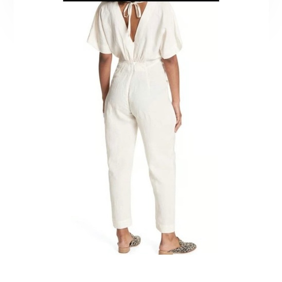 FREE PEOPLE Eyelet Jumpsuit Size S Ivory linen waist tie size S - Picture 5 of 10